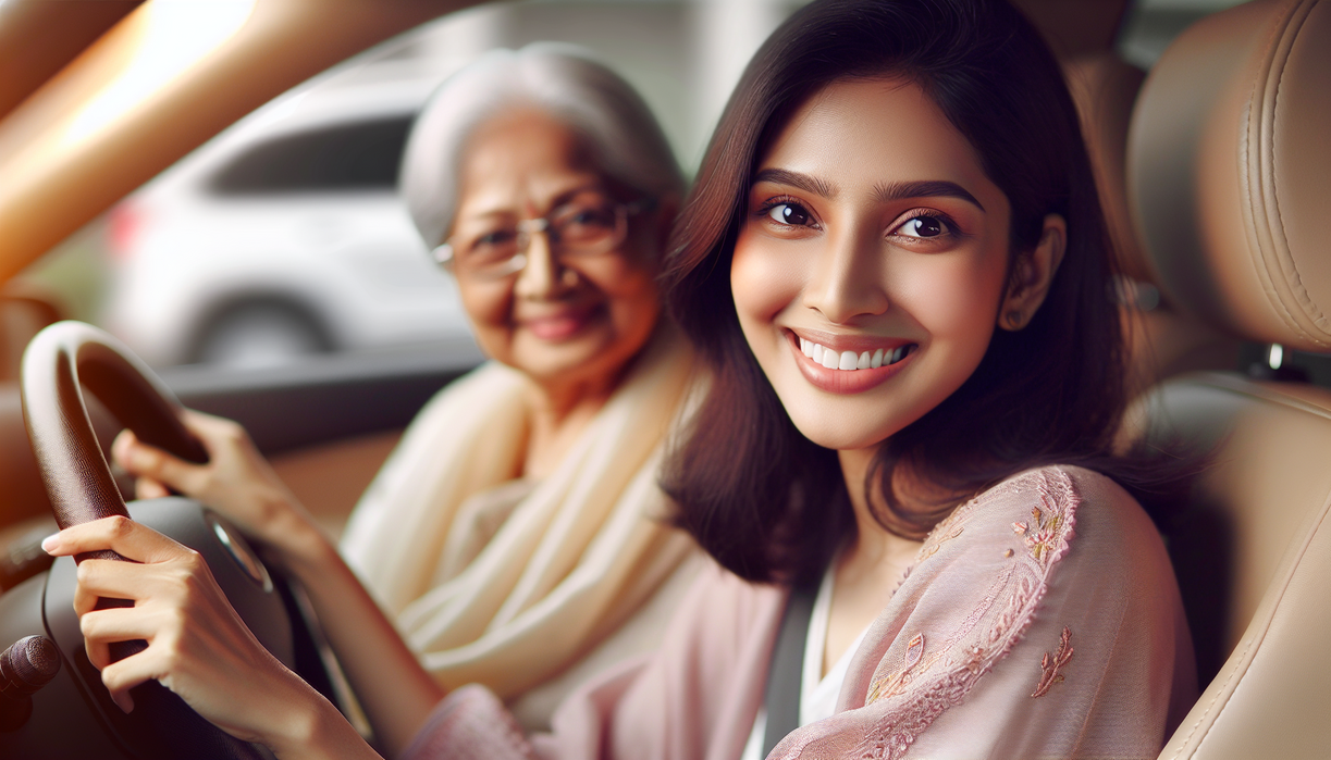 alt_text: Seorang ibu tersenyum hangat di balik setir, membawa pesan apresiasi dan dedikasi.