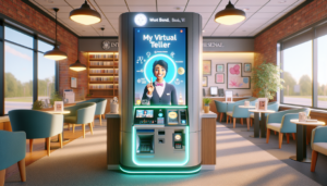 "alt_text": "Inovasi layanan bank virtual menggantikan teller tradisional di lingkungan sekitar."