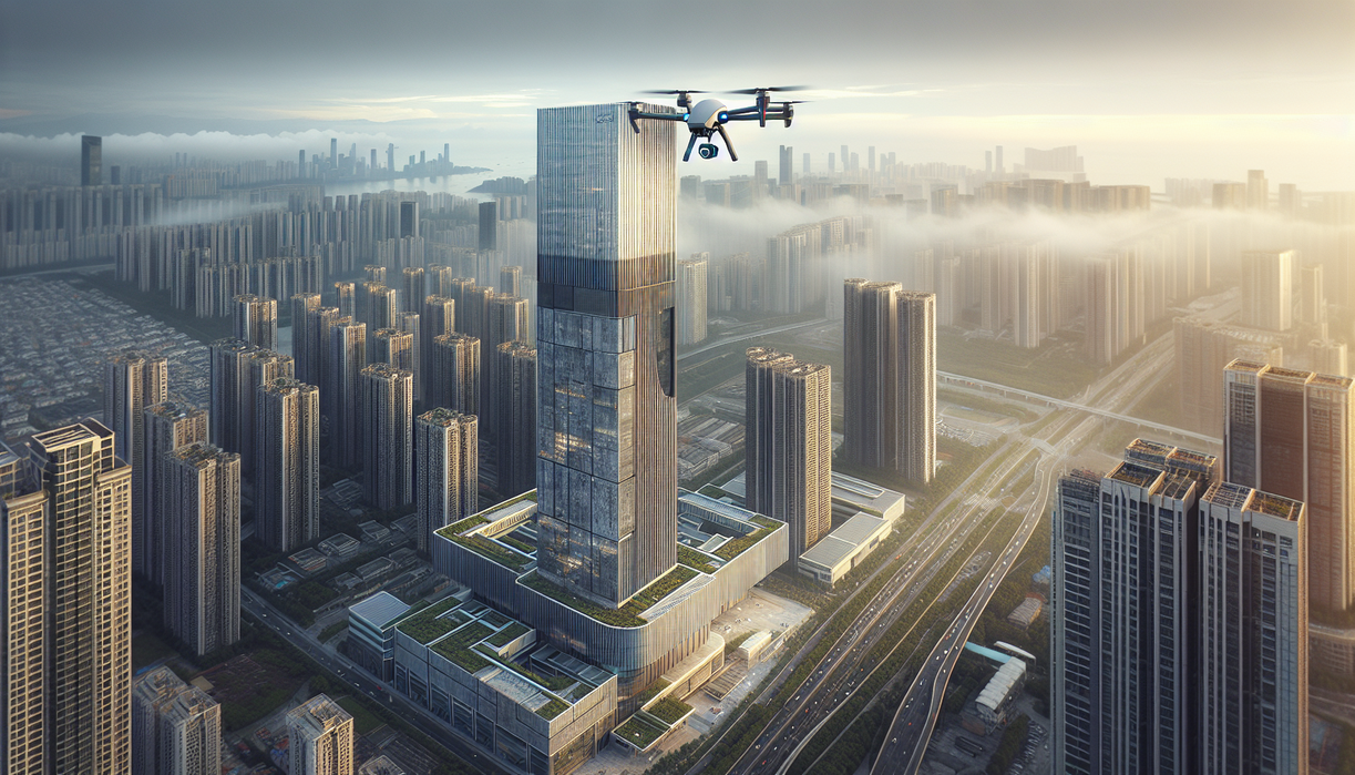 alt_text: Drone terbang di antara gedung-gedung tinggi, mengubah cara inspeksi dan pemantauan kota.