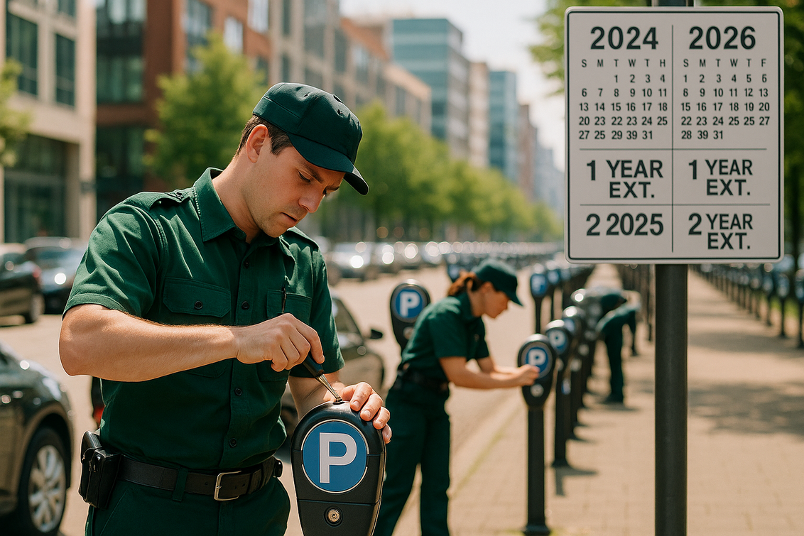 alt_text: Parkir meter di Hoofddorp, menilai apakah kota ini ramah untuk keluarga.