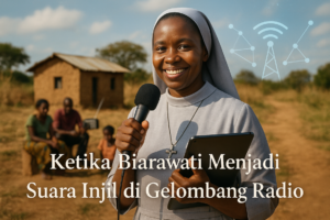 alt_text: Biarawati siarkan konten Injil melalui radio, menghubungkan iman dengan pendengar.